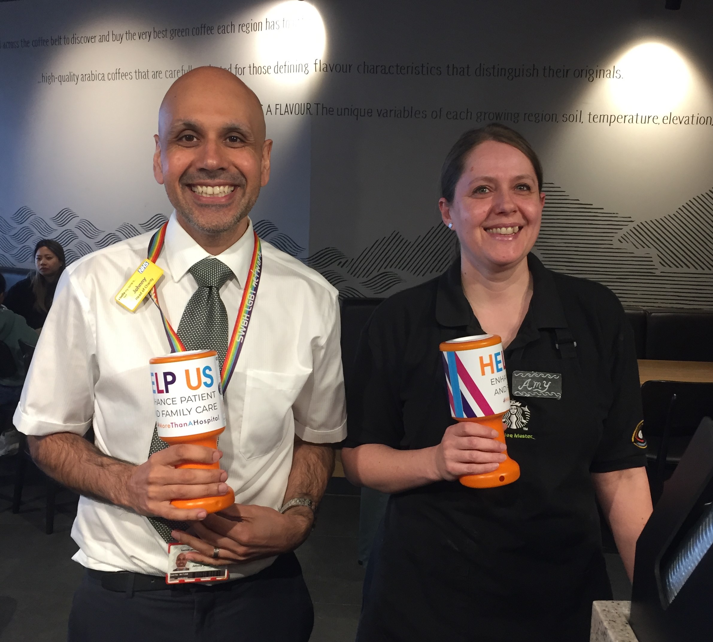 Johnny Shah, Head of Your trust charity with Amy Dutty, Starbucks Manager
