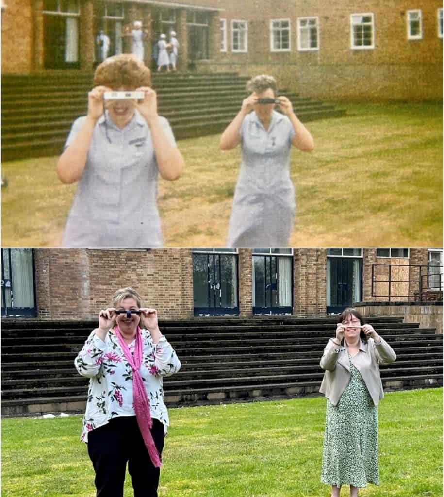Alison and Karen re-enact a photograph taken years ago at City Hospital.