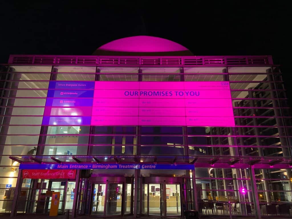 City Hospital's Birmingham Treatment Centre has been lit up pink as part of Organ Donation Week.