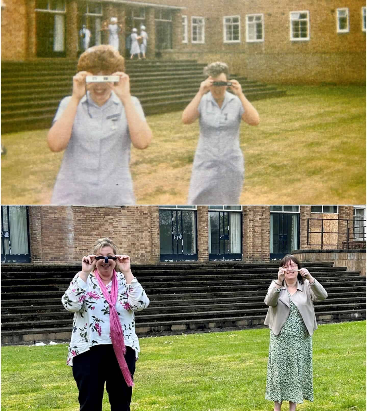 This photo shows Alison and Karen re-enacting a photo of themselves that was taken in the 1980s where they are holding cameras.