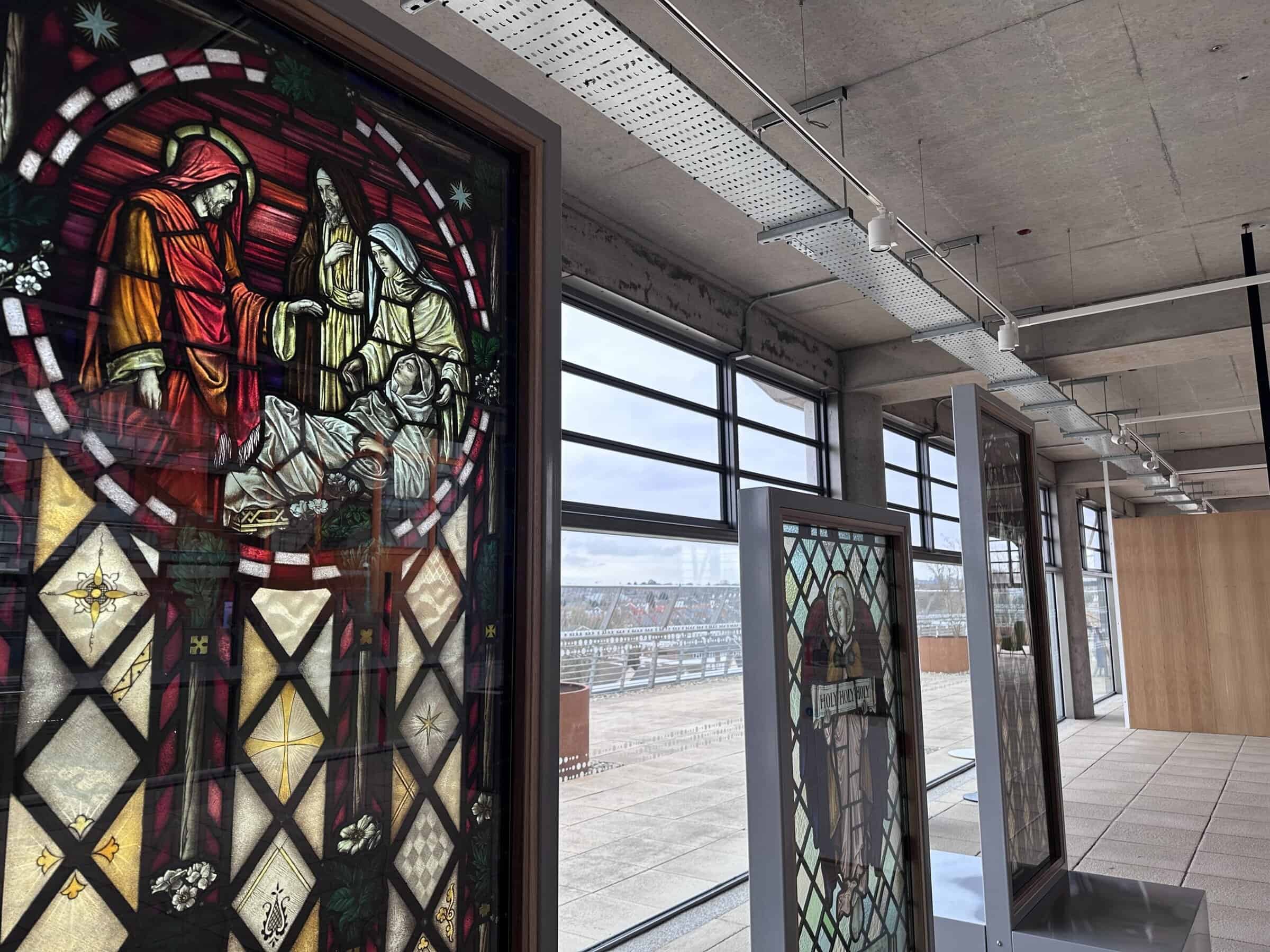 An image of stained glass windows on display.